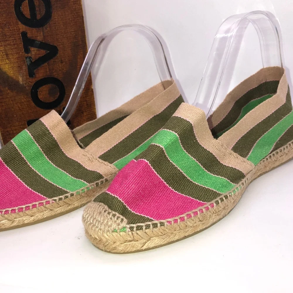 DIEGO Khaki, Pink Stripe Flat Slip On Espadrilles- UK 39/US?? *See Size Chart*